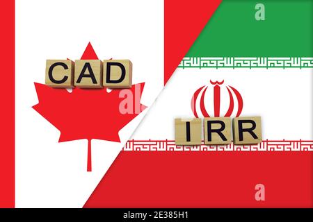 Codes de devises du Canada et de l'Iran sur fond de drapeaux nationaux. Concept de transfert d'argent international Banque D'Images