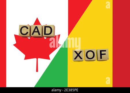 Codes des devises du Canada et du Mali sur fond de drapeaux nationaux. Concept de transfert d'argent international Banque D'Images