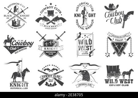 Ensemble de design de club de cowboy et historique de chevalier. Concept vectoriel pour chemise, impression, timbre, superposition ou modèle. Style typographique vintage avec chevalier, chevalier sur un cheval, épées, hache, silhouette de château Illustration de Vecteur