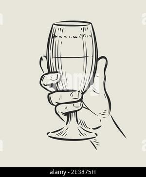 Verre à la main. Buvez un croquis vintage vector Illustration de Vecteur