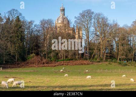 L'église de l'abbaye Saint-Michel, un monastère bénédictin de Farnborough, Hampshire, Royaume-Uni, avec des moutons paître dans un champ au premier plan Banque D'Images