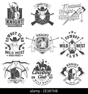 Ensemble de design de club de cowboy et historique de chevalier. Concept vectoriel pour chemise, impression, timbre, superposition ou modèle. Style typographique vintage avec chevalier, chevalier sur un cheval, épées, hache, silhouette de château Illustration de Vecteur