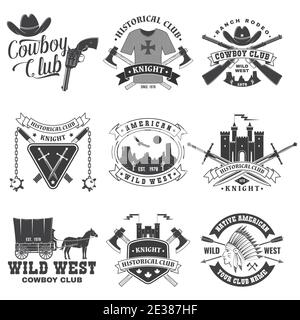 Ensemble de design de club de cowboy et historique de chevalier. Concept vectoriel pour chemise, impression, timbre, superposition ou modèle. Style typographique vintage avec chevalier, chevalier sur un cheval, épées, hache, silhouette de château Illustration de Vecteur