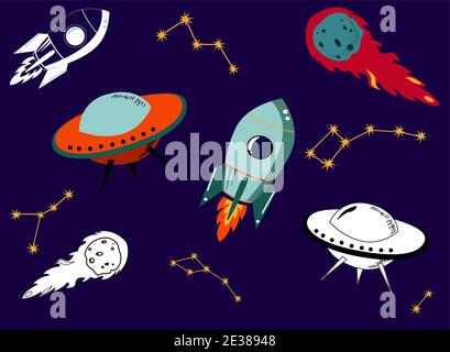 Ensemble d'objets spatiaux vectoriels vaisseau spatial, OVNI, météore et constellation d'étoiles. Illustration de Vecteur