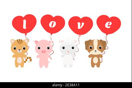Groupe d'animaux mignons. Le chien de dessin animé, le chat, le mouton, le porc se tiennent debout et tiennent des ballons dans leurs mains. Bonne Saint Valentin. Ensemble de caractères isolés Illustration de Vecteur