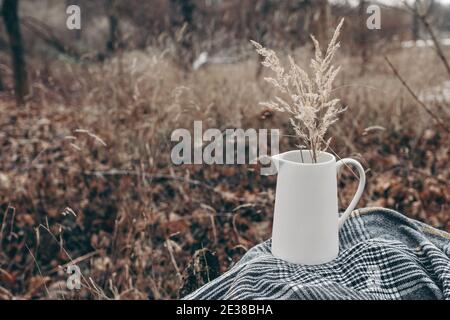 Hiver, automne pique-nique extérieur. Moody encore la vie avec verseuse en ceramig blanc et bouquet d'herbe sèche sur le tissu en laine à carreaux noirs. Prairie floue et Banque D'Images