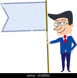 Homme d'affaires caricature tenant un drapeau vierge vecteur isolé Illustration de Vecteur