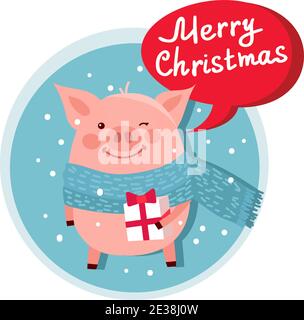 Merry Christmas Flat Icon avec le Père Noël drôle de cochon et la bulle de parole rouge. Illustration vectorielle colorée isolée sur blanc Illustration de Vecteur