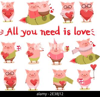 Ensemble d'illustrations vectorielles de cochons de dessin animé mignons. Symbole de la nouvelle année 2019 pour le Web, le site, la carte de voeux, l'affiche de la Saint-Valentin Illustration de Vecteur