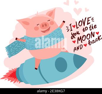 Illustration vectorielle d'un joli cochon de bande dessinée volant sur une fusée. Lettrage dessiné à la main, je vous aime à la lune et au dos. Carte vectorielle Saint-Valentin. Illustration de Vecteur