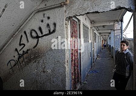 25 familles algériennes vivent dans des logements précaires dans le domaine de Diar Chems à El-Madania, en Algérie, le 29 décembre 2010. Les familles souhaitent des nouvelles. Photo de Louiza Ammi/ABACAPRESS.COM Banque D'Images