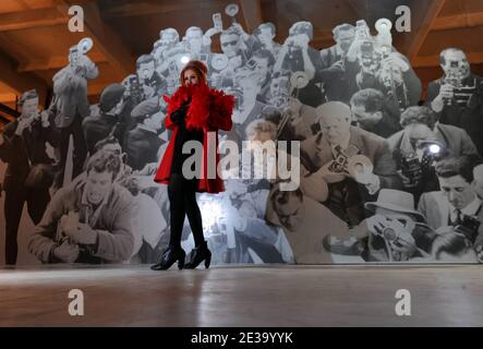 La vedette italienne Marina Ripa di Meana pose devant une photo de l'une des scènes de Federico Fellini « la Dolce Vita » montrant Paparazzi exposée dans une exposition au Macro Museum de Rome. Cette exposition, créée par Dante Ferretti, directrice artistique italienne et lauréate d'Oscar, fait partie d'un hommage que le Festival du film de Rome dédie au réalisateur Federico Fellini pour célébrer le 50e anniversaire de son film "la Dolce Vita" à Rome, Italie, le 29,2010 octobre. « la Dolce Vita » marque un tournant dans le monde du cinéma et redéfinit les règles du cinéma, a déclaré à Rome le réalisateur américain Martin Scorsese Banque D'Images