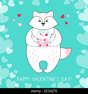 Carte de vœux Happy Saint Valentin, renard tenant un pot de coeur, dessiner un style de dessin animé Doodle. Romantique bannière mignon de forêt dessiné à la main renard. Motif imprimé, à propos de l'illustration vectorielle Love Hearts Illustration de Vecteur