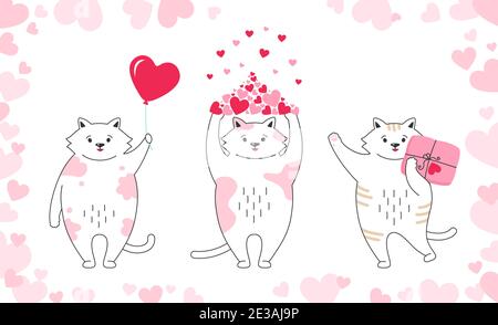Ensemble de dessins animés pour cartes de vœux Saint-Valentin. Un drôle de chaton de chien dessiné à la main avec des coeurs, un ballon, un cadeau et un paquet. Romantique bannière mignon blanc chatty. Imprimer l'illustration vectorielle Love Illustration de Vecteur