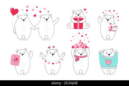 Ensemble de dessins animés à l'ours polaire pour carte de vœux Saint Valentin. Un animal drôle de chien dessiné à la main avec des coeurs, un ballon, un cadeau et un paquet. Romantique bannière ours mignon teddy. Imprimer l'illustration vectorielle Love Illustration de Vecteur