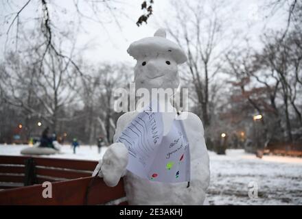 Francfort, Allemagne. 17 janvier 2021. Un bonhomme de neige tenant un papier portant la mention « Stay Healthy » est vu dans un parc à Francfort, en Allemagne, le 17 janvier 2021. Crédit: Lu Yang/Xinhua/Alay Live News Banque D'Images