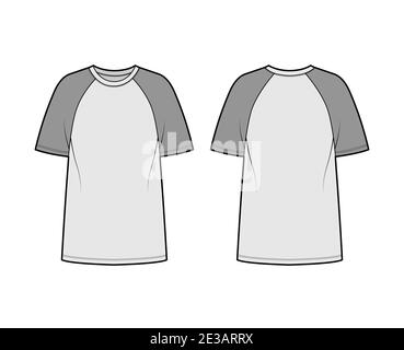 T-shirt de baseball technique mode illustration avec manches courtes raglan, longueur tunique, col rond, surdimensionné. Modèle d'extérieur de dessus de vêtement plat avant, arrière, couleur grise. Femmes hommes unisexe CAD maquette Illustration de Vecteur