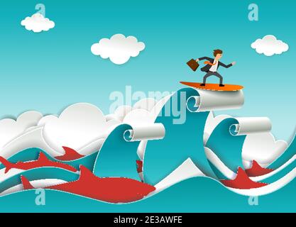 Homme d'affaires accompagné de requins prédateurs surfant sur les vagues de l'océan. Illustration vectorielle dans le style art sur papier. Illustration de Vecteur