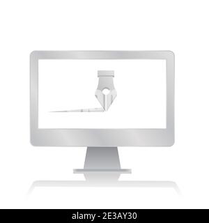 écriture stylo plume à l'intérieur de l'écran vierge moniteur d'ordinateur avec réflexion illustration moderne minimaliste de vecteur d'icône Illustration de Vecteur