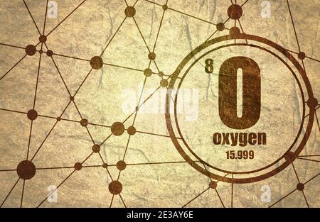L'élément chimique oxygène. Signer avec le numéro atomique et la masse atomique. L'élément chimique du tableau périodique. Arrière-plan de la communication et de la molécule. Se connecter Banque D'Images