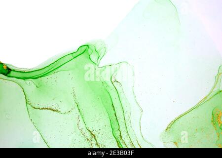Encres aquarelle vert clair sur fond blanc. Texture abstraite de l'encre d'alcool avec des couches d'or Banque D'Images