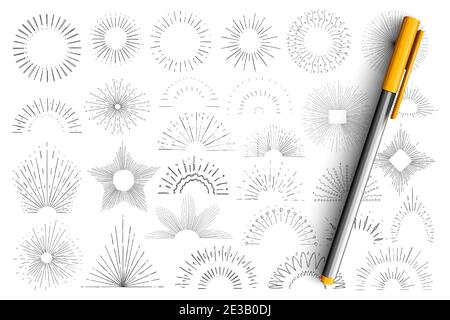 Ensemble de jeu d'étoiles et de rayons du soleil. Collection de silhouettes de soleil et d'étoiles dessinées à la main avec des rayons en provenance dans différentes directions isolées sur fond transparent Illustration de Vecteur