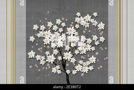 Arrière-plan en tissu gris avec taches colorées, lignes verticales, bois fin avec grandes fleurs blanches Banque D'Images