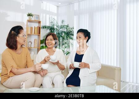 Groupe de femmes asiatiques âgées assis sur un canapé dans la salle de séjour, boire du thé et discuter de nouvelles et de gossips Banque D'Images
