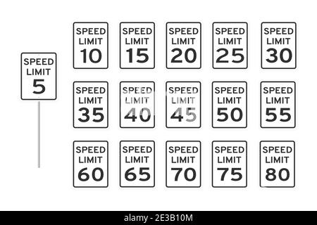 Limite de vitesse route icône panneaux de signalisation définir un style plat design illustration vectorielle isolée sur fond blanc. Signalisation routière standard verticale avec texte et Illustration de Vecteur