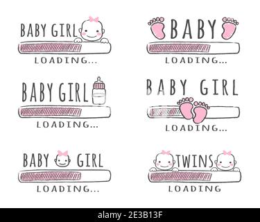 Barre de progression avec inscription - Baby Girl Loading collection dans le style esquisse. Illustration vectorielle pour t-shirt, affiche, carte, douche de bébé Illustration de Vecteur