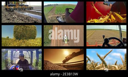 Mur vidéo des médias agricoles. Collage de photographies montrant des agriculteurs à divers travaux agricoles saisonniers dans un champ. Banque D'Images