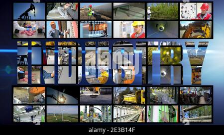 Collage de photographies montrant des personnes de différentes professions au travail. Professions professionnelles. Mur vidéo de médias industriels. Banque D'Images