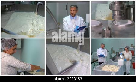 L'ingénieur alimentaire écrit sur le presse-papiers. Pasteurisation du lait dans l'usine de transformation des produits laitiers. Sécurité alimentaire des usines laitières. Homme et femme travaillant à Cheese Factory. Banque D'Images