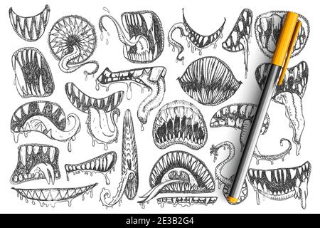 Ensemble de dents et de caniche effrayantes. Collection de bouche effrayante tirée à la main, les dents, la langue comme serpent ou comme tatouages isolés sur fond transparent Illustration de Vecteur