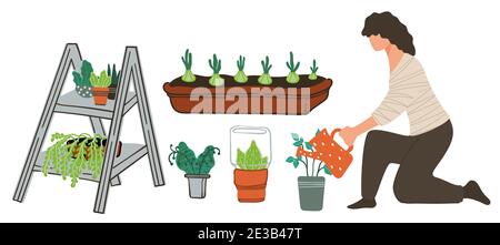 Personnage féminin poussant et prenant soin des plantes Illustration de Vecteur