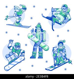 Sports d'hiver icônes de la ligne homme et femme Illustration de Vecteur