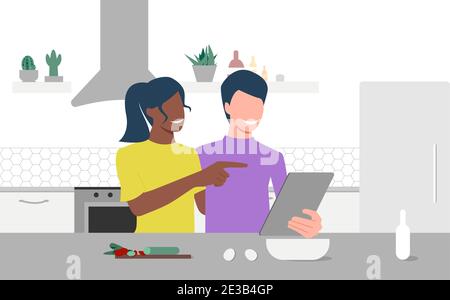 Heureux couple multiethnique regarde sur la tablette et de choisir la recette dans leur cuisine. École culinaire en ligne. Cours en ligne, e-learning. SPE 10. Illustration de Vecteur