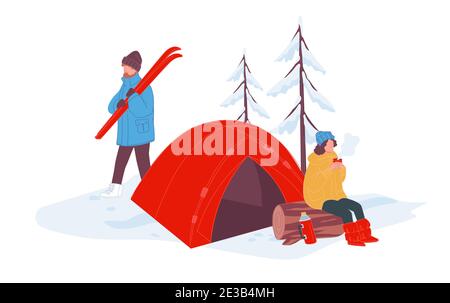 Camping d'hiver et détente en vacances d'hiver Illustration de Vecteur