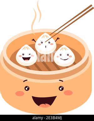 Mignon dessin animé Dim Sum, boulettes chinoises traditionnelles, avec visages souriants. Illustration du vecteur alimentaire asiatique. Illustration de Vecteur