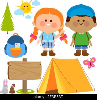 Des enfants heureux dans un camping. Jeu d'illustrations vectorielles Illustration de Vecteur