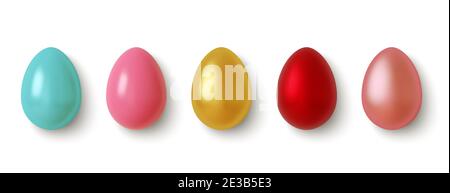 Ensemble d'œufs de Pâques 3D réalistes, dorés, roses, bleus et rouges isolés sur fond blanc. Vecteur Illustration de Vecteur