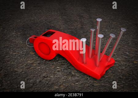 Le sifflet a cloué au sol en démontrant la restriction des médias et la liberté du concept de la presse. Illustration 3D Banque D'Images