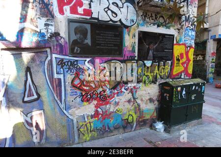 Lieu où l'étudiant Alexandros Grigoropoulos a été assassiné dans le quartier Exarcheia d'Athènes, Grèce, le 6 décembre 2008. Banque D'Images