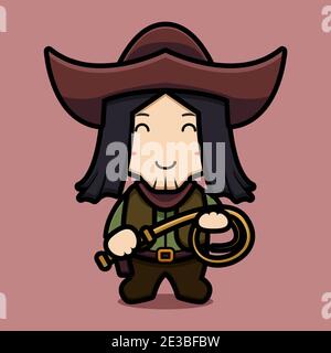 Joli cowboy personnage tenant whip dessin animé illustration d'icône de vecteur. Conception isolée sur marron. Style dessin animé plat. Banque D'Images