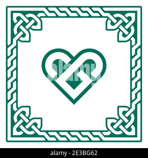Carte de vœux à motif vectoriel en forme de coeur vert celtique avec cadre tressé irlandais - concept « Saint-Valentin, amour » Illustration de Vecteur