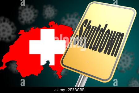 Illustration de rendu 3D du panneau Shutdown avec carte de la Suisse Banque D'Images