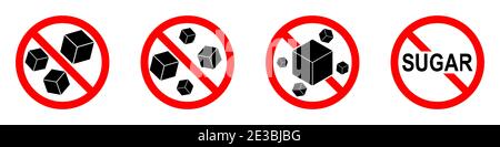 Icône de l'interdiction du sucre. Le sucre est interdit. Panneau rond rouge STOP ou Ban avec icône en sucre. Illustration vectorielle. Panneaux interdits définis. Illustration de Vecteur