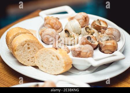 Escargots au beurre aux herbes, dans un pain traditionnel en céramique et sauce sur une table rustique en bois. Vue de dessus Banque D'Images