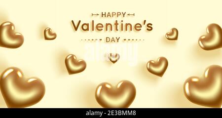 Bonne Saint Valentin. Coeurs d'or. Bannière avec lieu pour le texte. Carte de voeux pour joyeux anniversaire, Journée internationale de la femme. Isolé sur un backgrou jaune Illustration de Vecteur