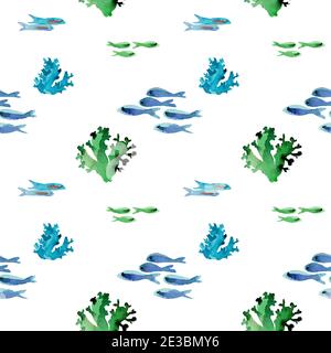Aquarelle coraux dessinés à la main et poissons dans un motif sans couture. Illustration de la vie sous-marine d'une barrière de corail. Conception pour les couvertures, le textile, l'emballage Banque D'Images